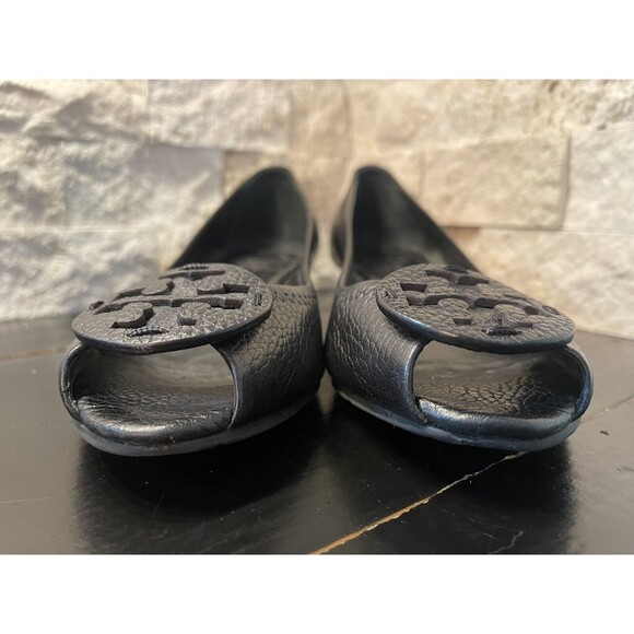 TORY BURCH-Sally- Wedge (1") Peep Toe Black Pebbled Leather Shoes Perfect! Sz 7 - Picture 5 of 8